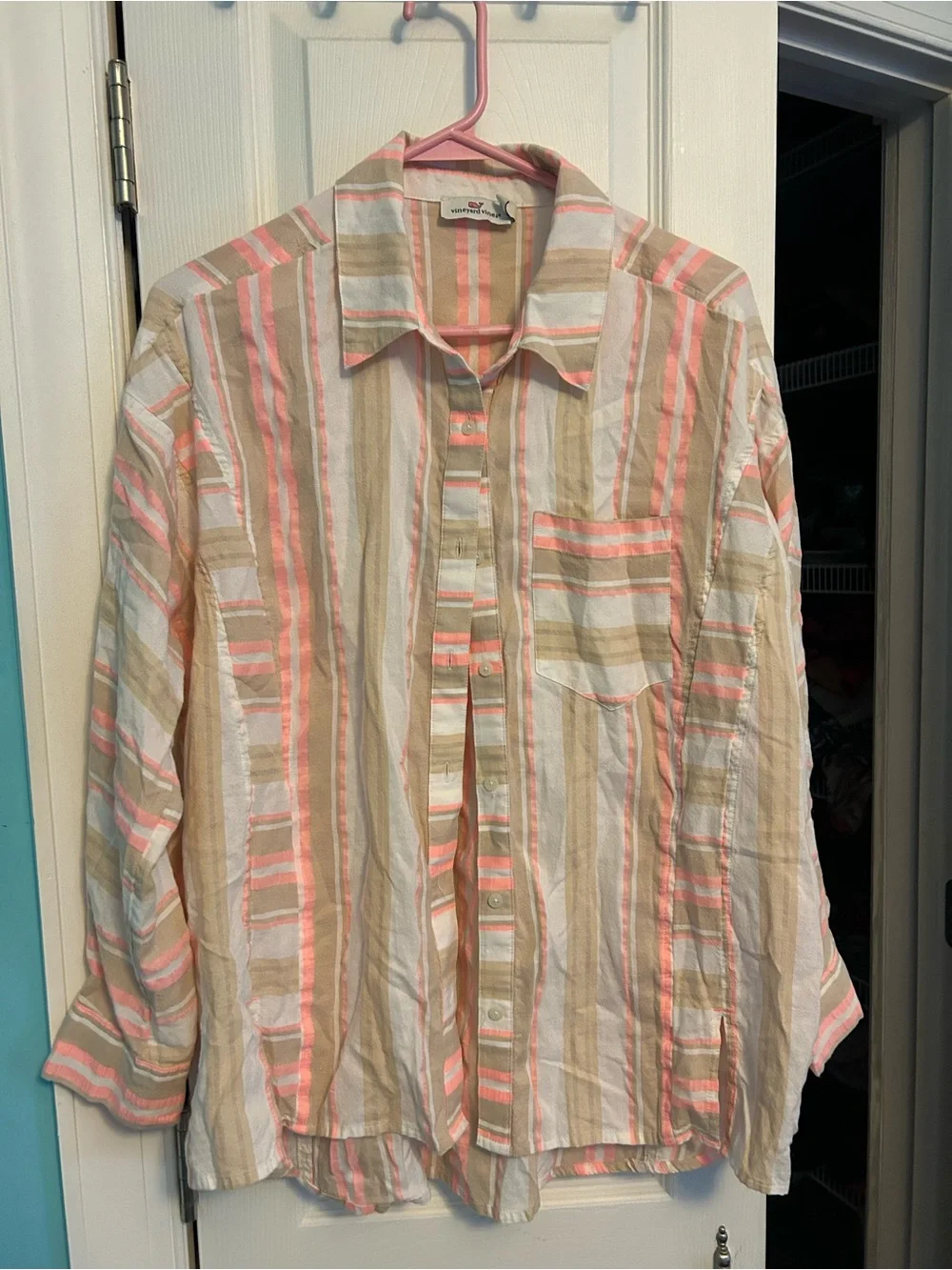 Vineyard Vines Coral, Beige & White Striped Button-Down